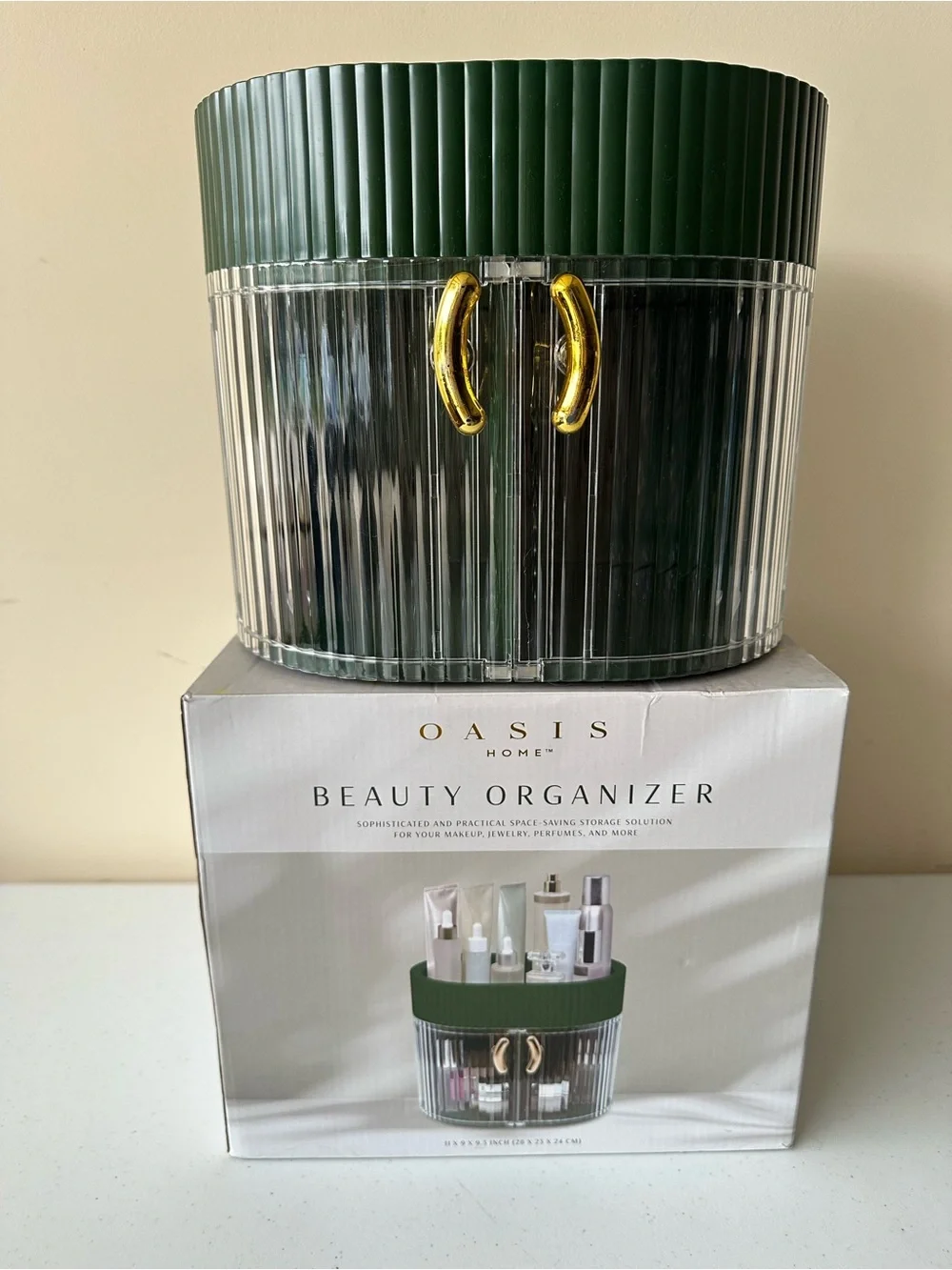 Oasis Home Beauty Organizer - Dark Green & Clear with Gold Handles